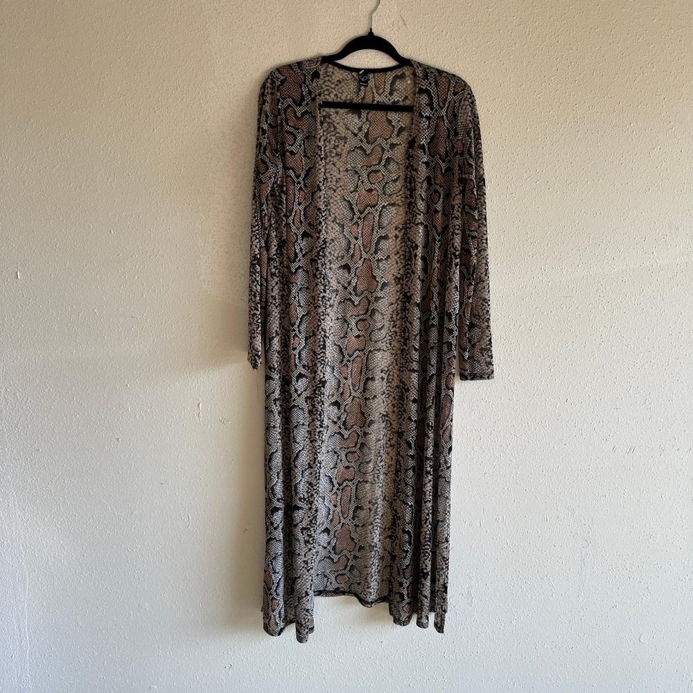Windsor Womens Snakeskin Print Duster Small Brown Tan Open Front Lightweight